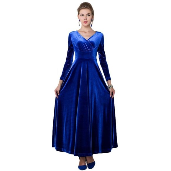 Urban Coco Blue Velour Long Sleeve V-Neck Maxi Evening Gown, XXL, NWOT - Picture 1 of 11